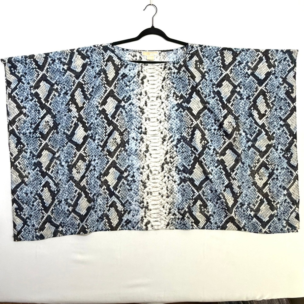 Michael Kors Poncho Blouse Womens 2X Blue Grey Snakeskin Handkerchief Hem